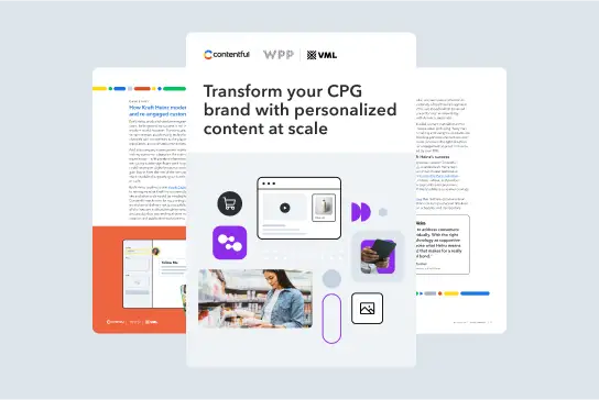 Marketing presentation slides showing CPG brand content transformation with colorful icons, screenshots and business imagery