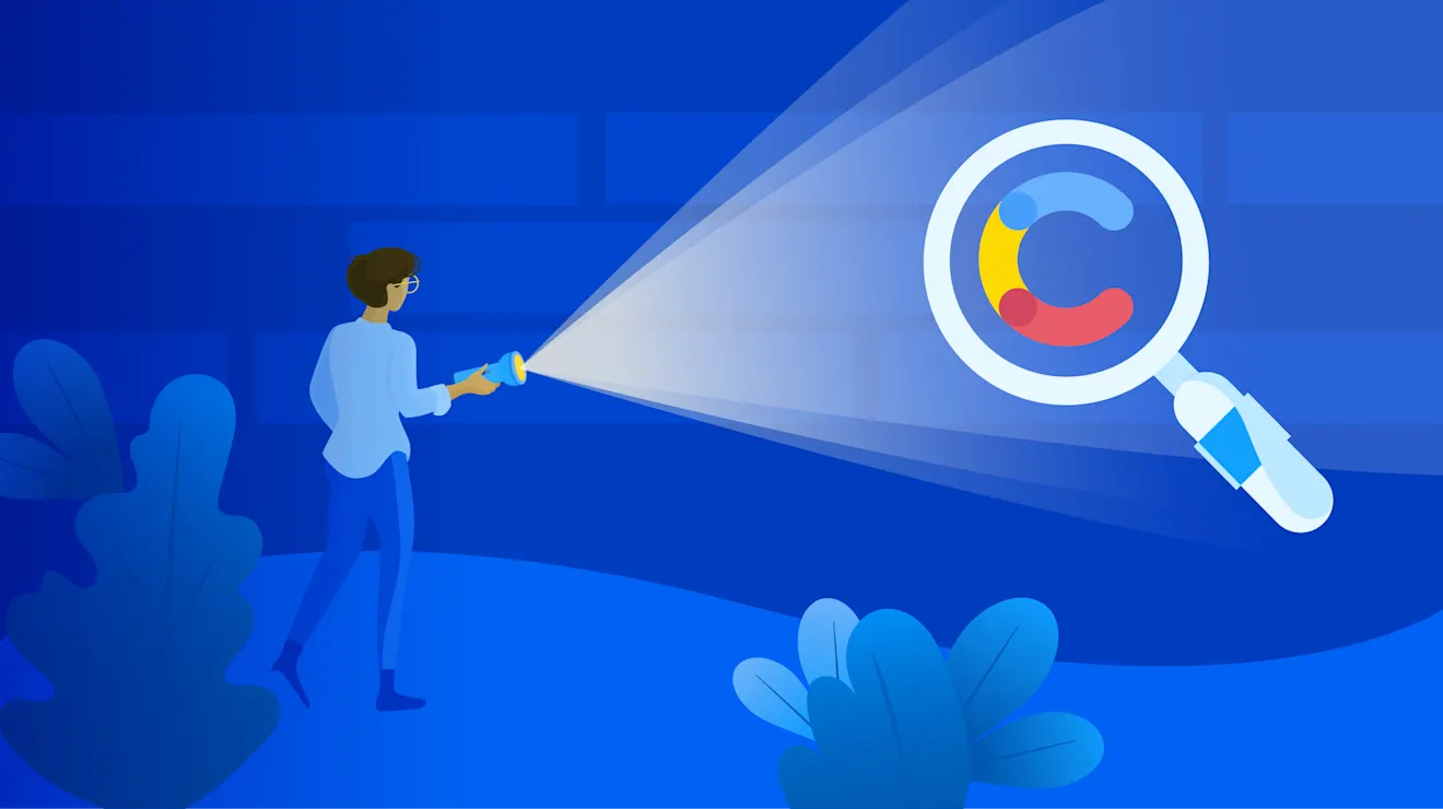 Illustration of man with flashlight illuminating a magnifying glass with the Contentful logo in the center