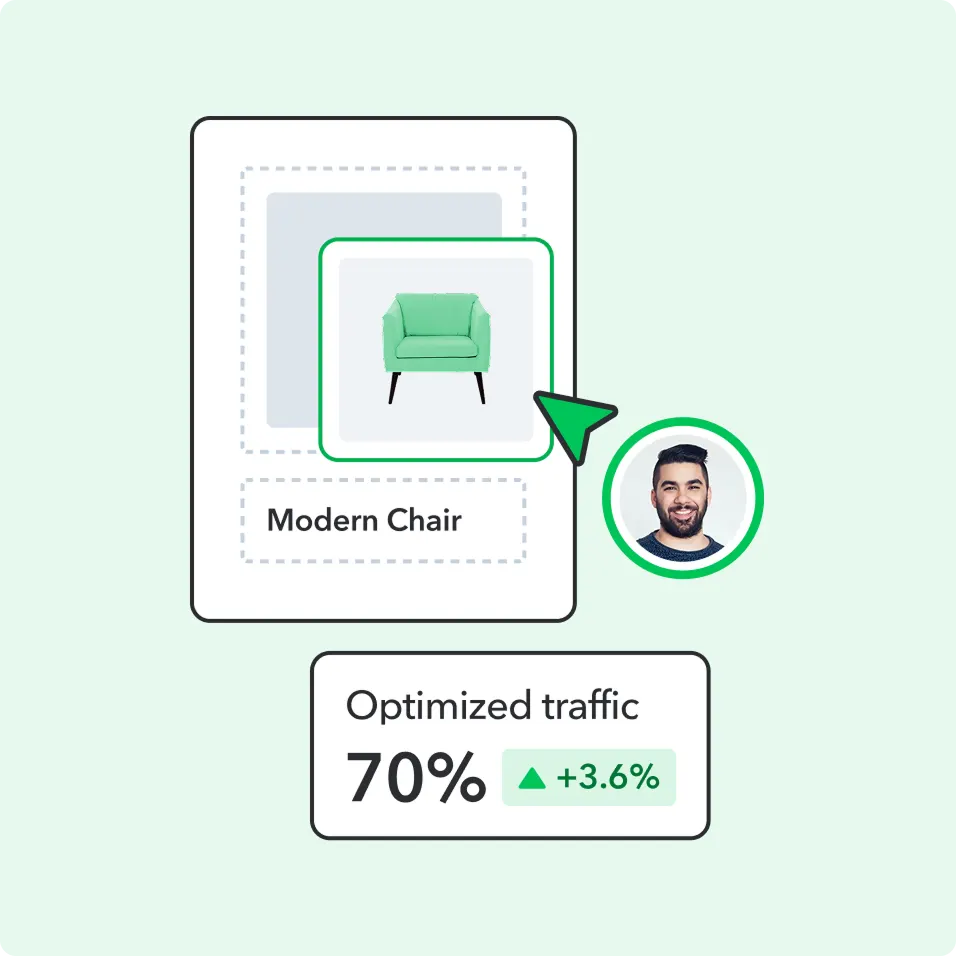 Illustration showing product card with mint green chair, profile photo, and statistics showing 70% optimized traffic with 3.6% increase