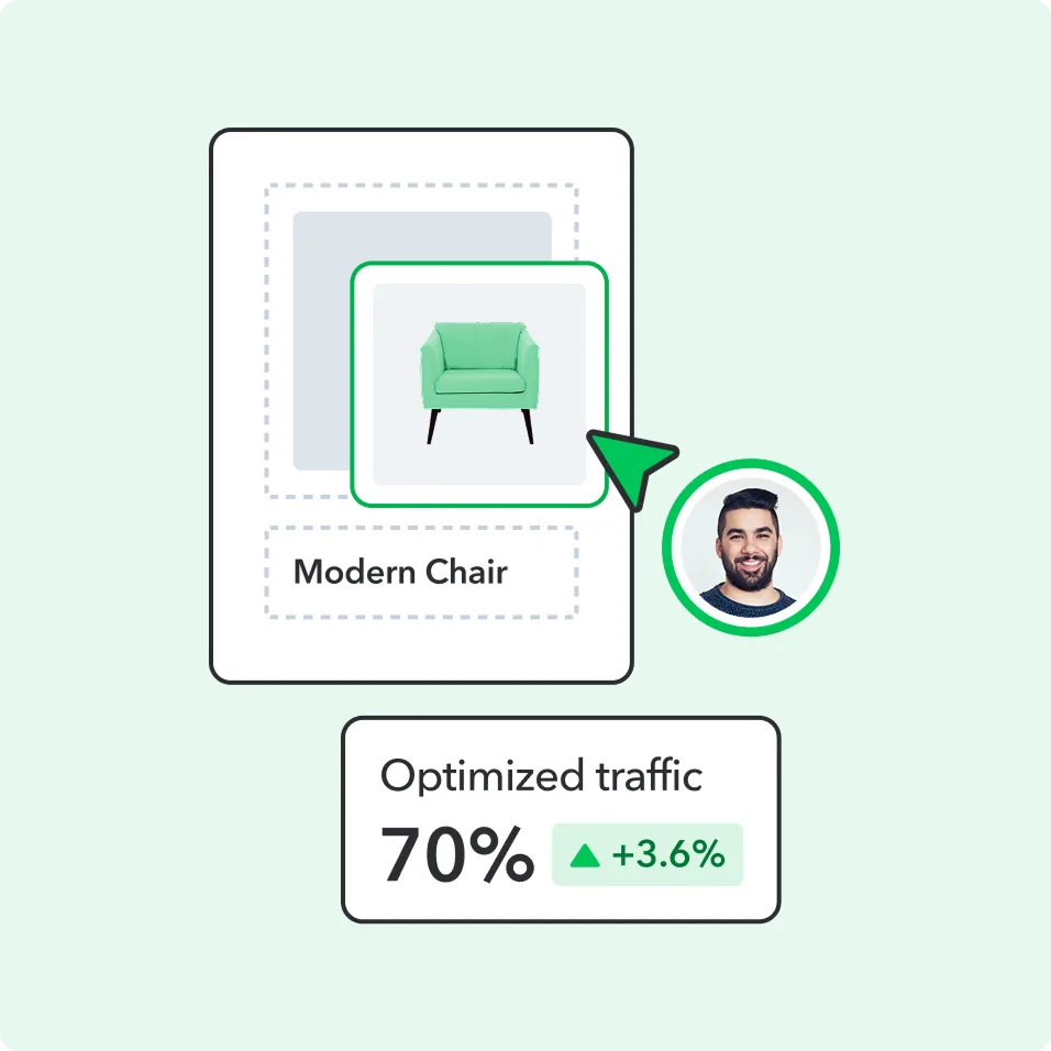 Illustration showing product card with mint green chair, profile photo, and statistics showing 70% optimized traffic with 3.6% increase