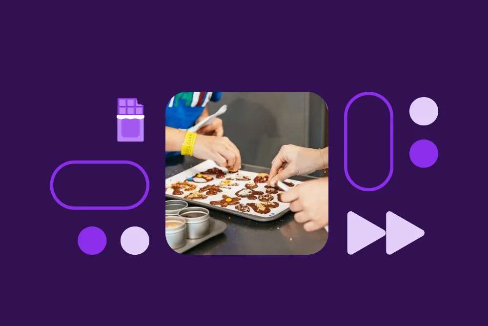Hands decorating chocolate treats on a baking tray, surrounded by purple graphic icons on a dark purple background.