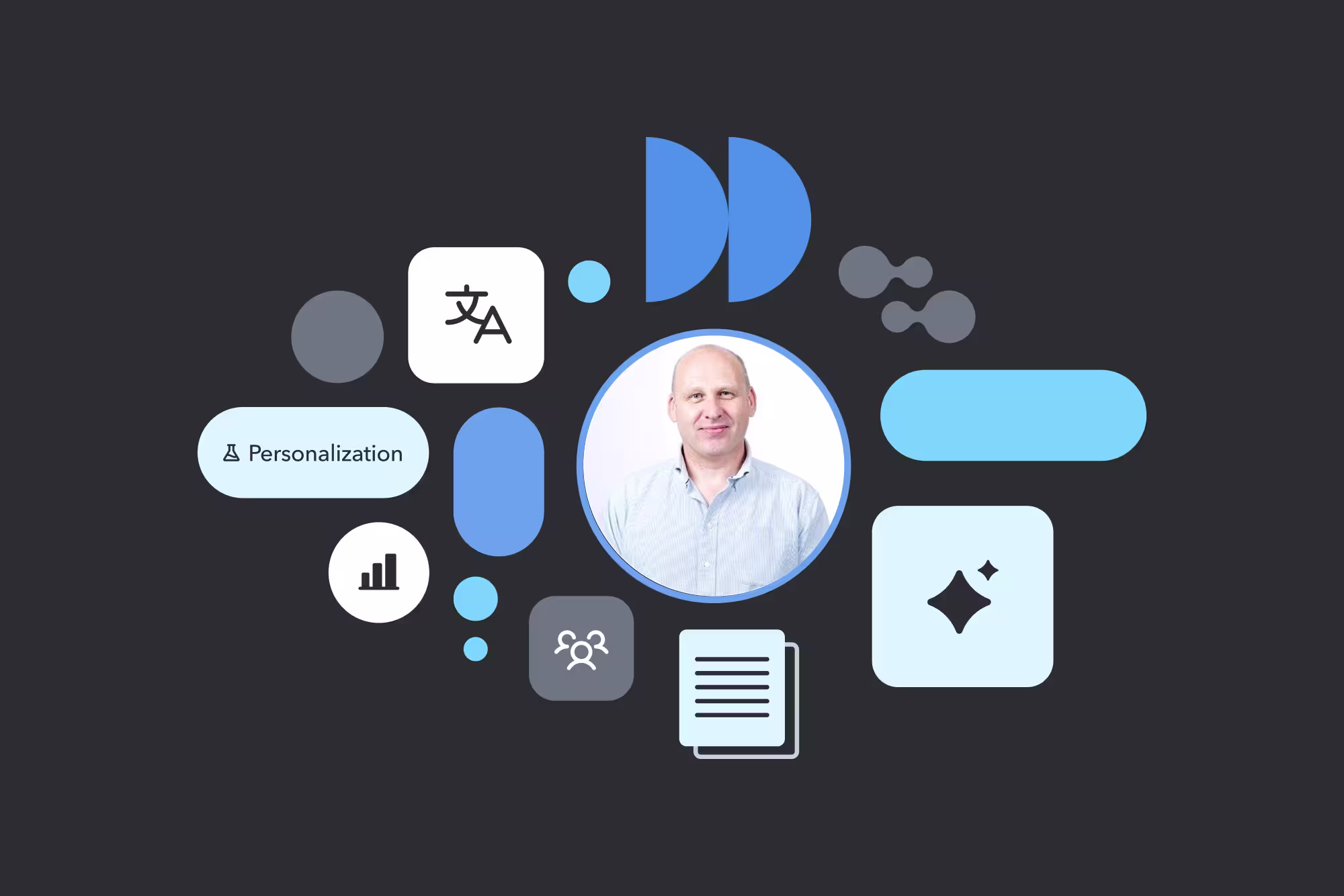 Illustration of personalization icons surrounding a circular portrait photo on a dark background