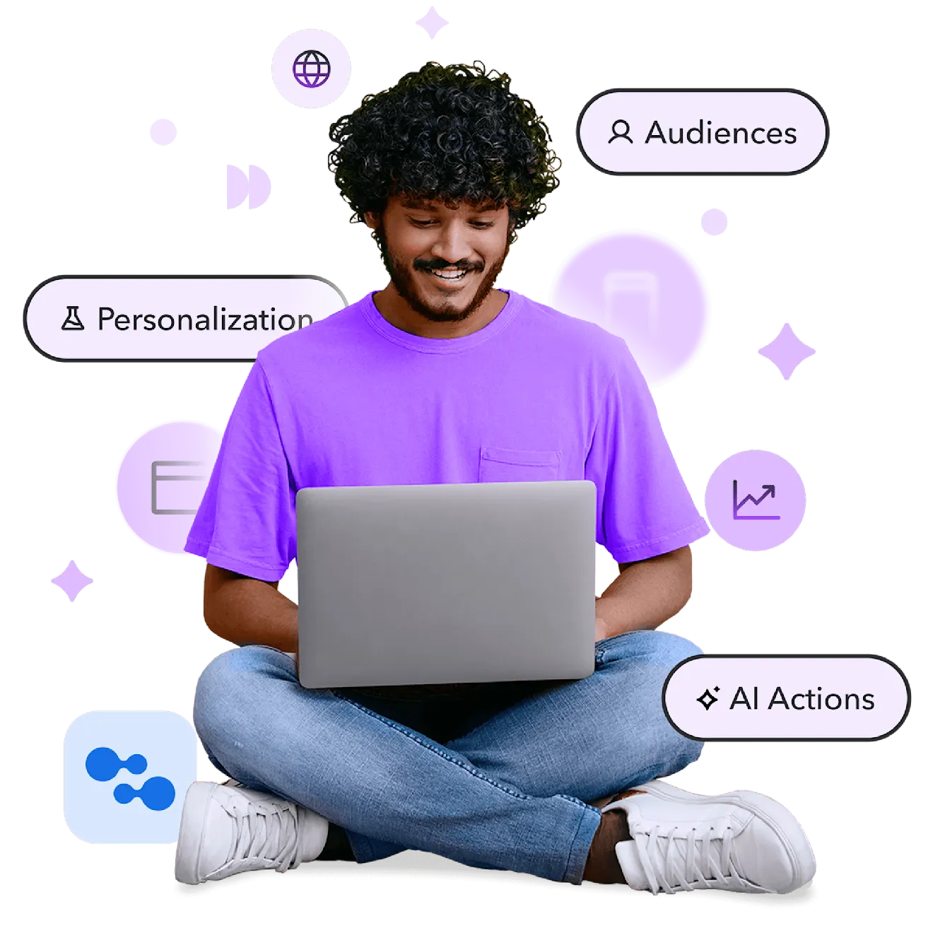 Smiling person in purple shirt using laptop while sitting cross-legged, with floating icons showing Audiences, Personalization, and AI Actions.