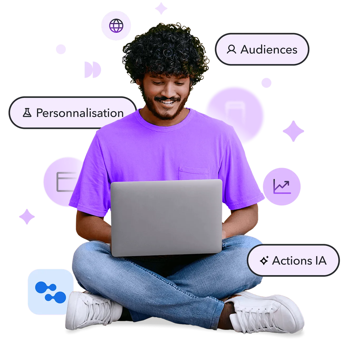 Smiling person in purple shirt using laptop while sitting cross-legged, with floating icons showing Audiences, Personalization, and AI Actions.