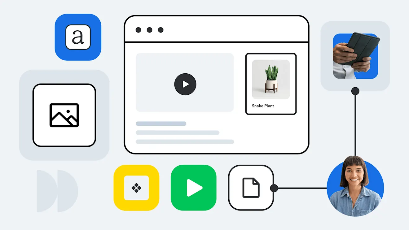 Illustration showing content management interface with app icons, video player, product image of snake plant, and user profile