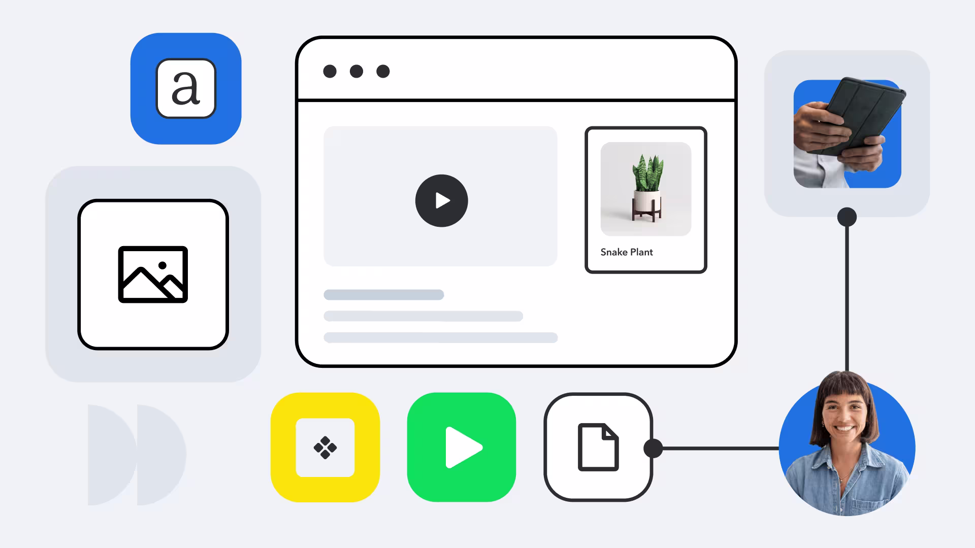 Illustration showing content management interface with app icons, video player, product image of snake plant, and user profile