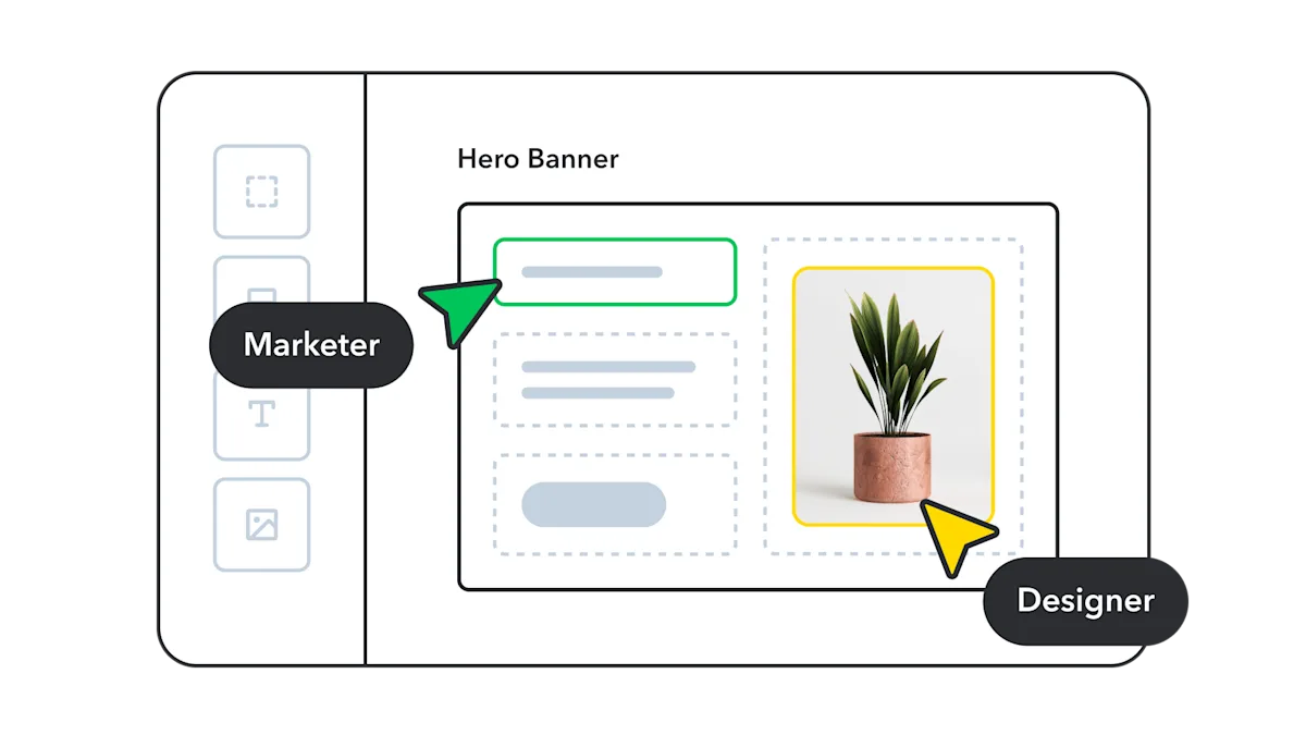 Stylized Contentful Studio UI showing Developer and Marketer collaborating in real-time on a hero banner.