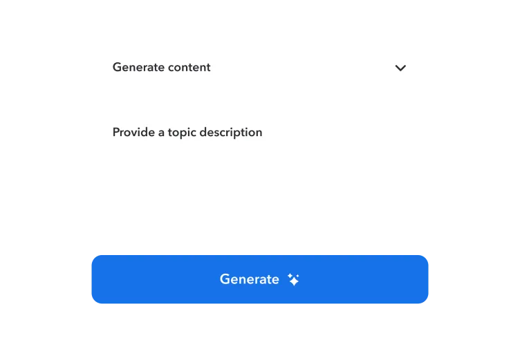 User interface showing a dropdown menu labeled "Generate content" and a text input field for topic description above a blue Generate button