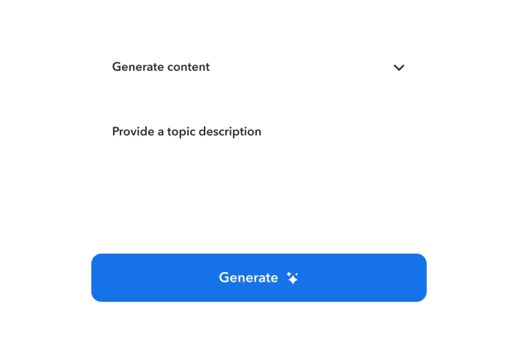 User interface showing a dropdown menu labeled "Generate content" and a text input field for topic description above a blue Generate button