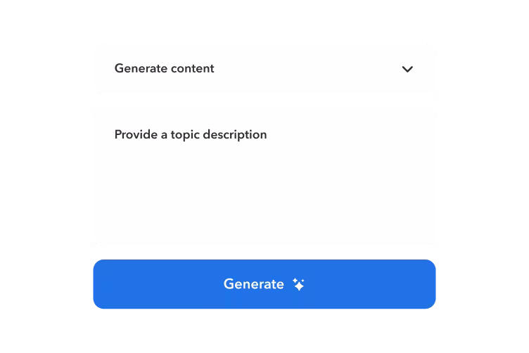 User interface showing a dropdown menu labeled "Generate content" and a text input field for topic description above a blue Generate button
