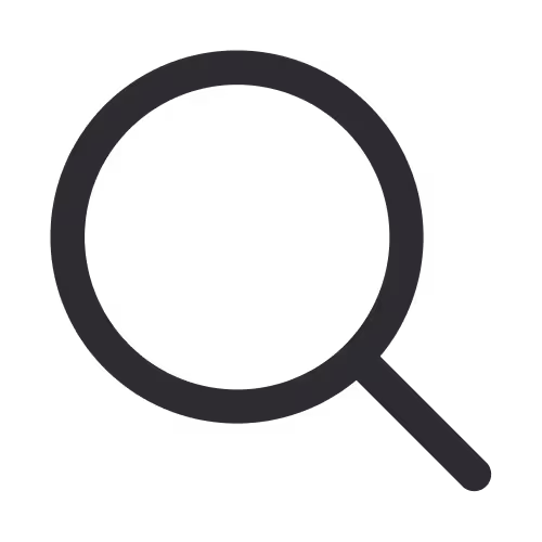 Minimalist dark gray magnifying glass search icon on a black background.