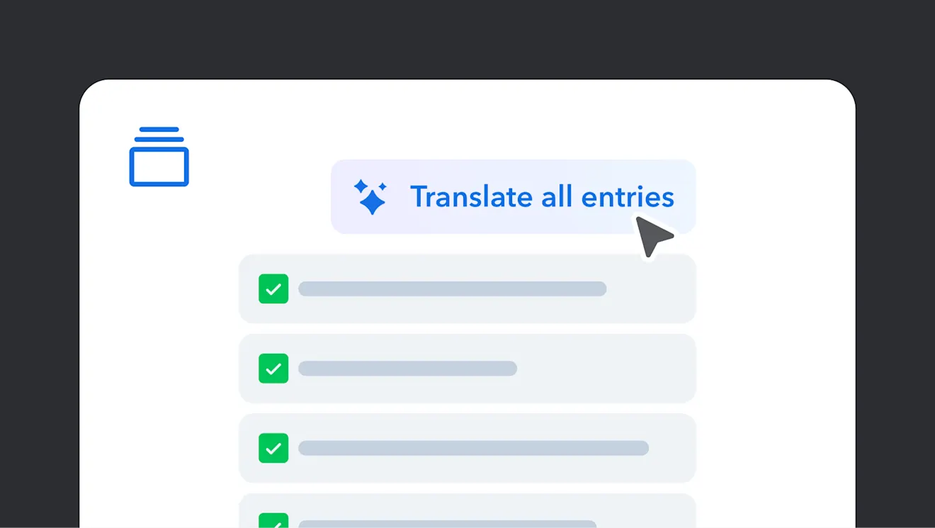 Interface showing "Translate all entries" button with blue sparkle icon above a list of checked items with gray progress bars