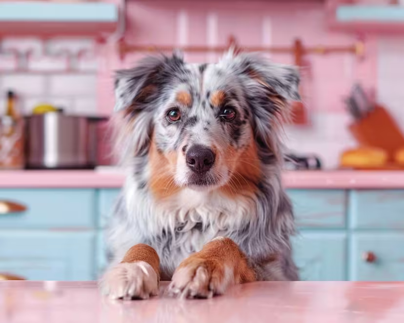 Australian Shepherd with blue-merle coat resting paws on pink counter in pastel-colored kitchen with blue cabinets