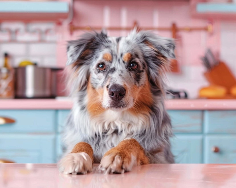 Australian Shepherd with blue-merle coat resting paws on pink counter in pastel-colored kitchen with blue cabinets