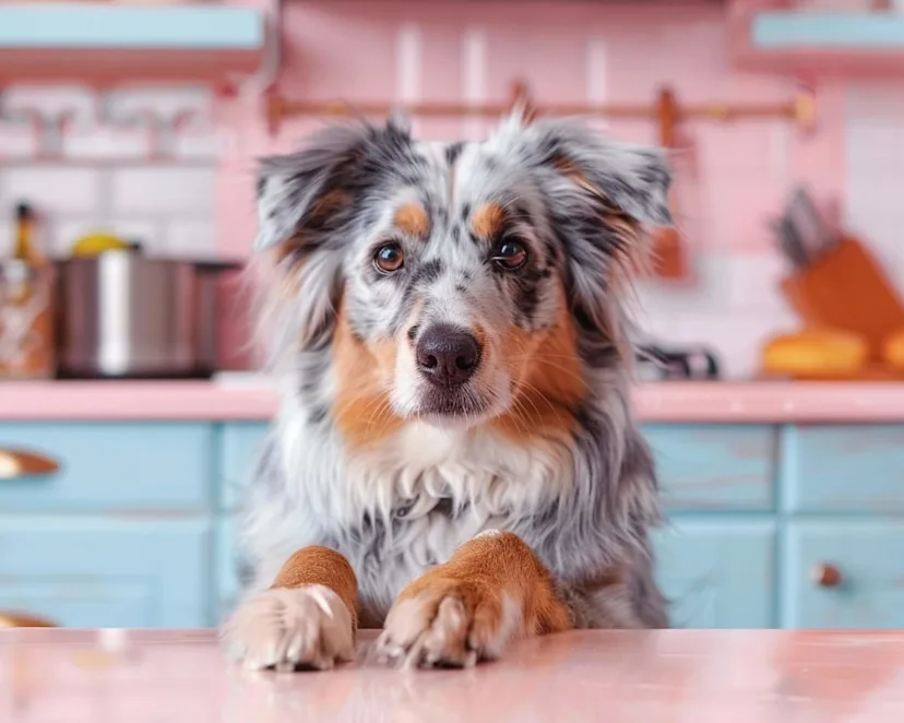 Australian Shepherd with blue-merle coat resting paws on pink counter in pastel-colored kitchen with blue cabinets