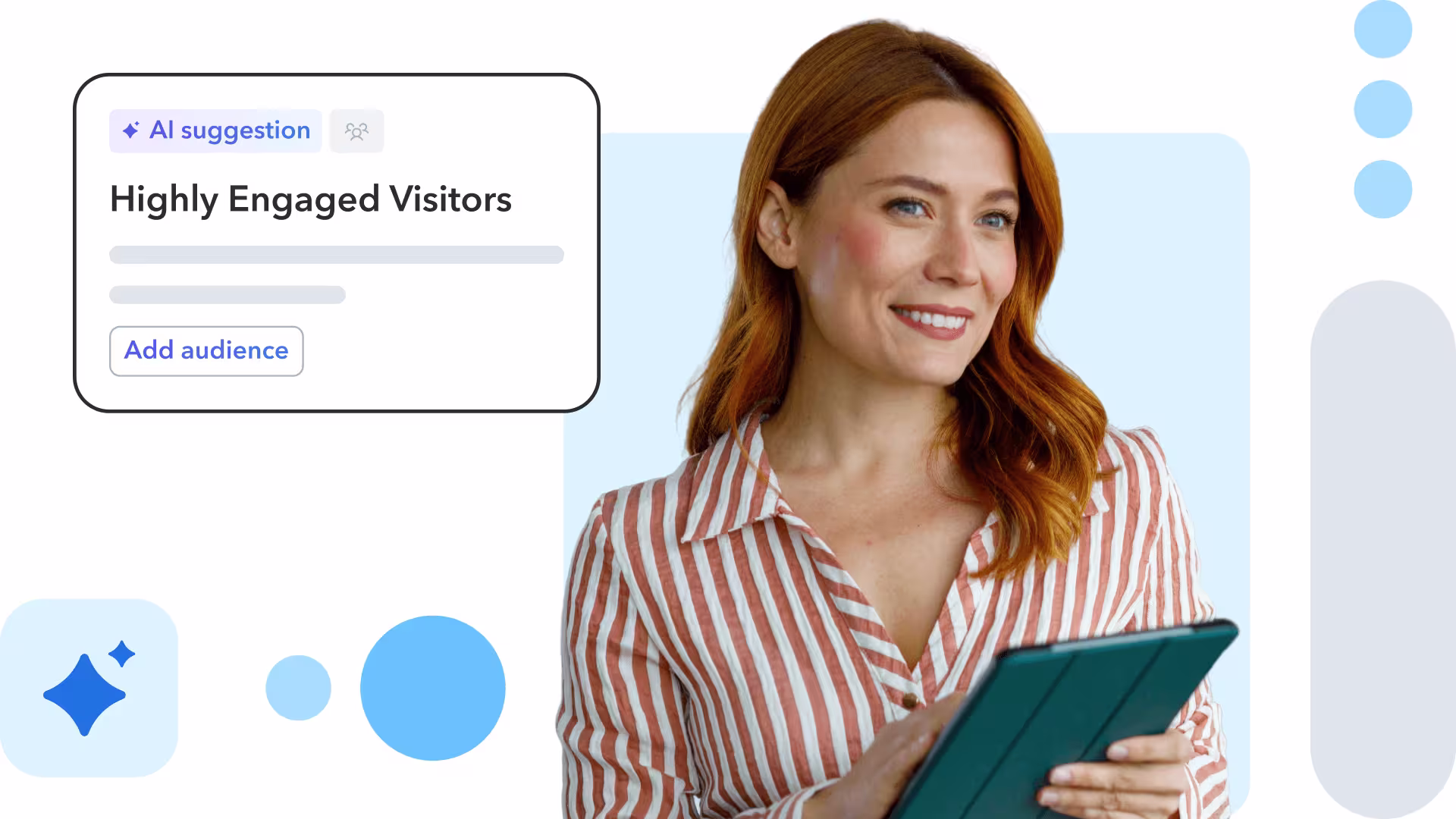 A smiling woman with long red hair holding a tablet, beside UI cards reading "Highly Engaged Visitors" and "Luxury Appeal Enhancement" with an "Add experiment" button.