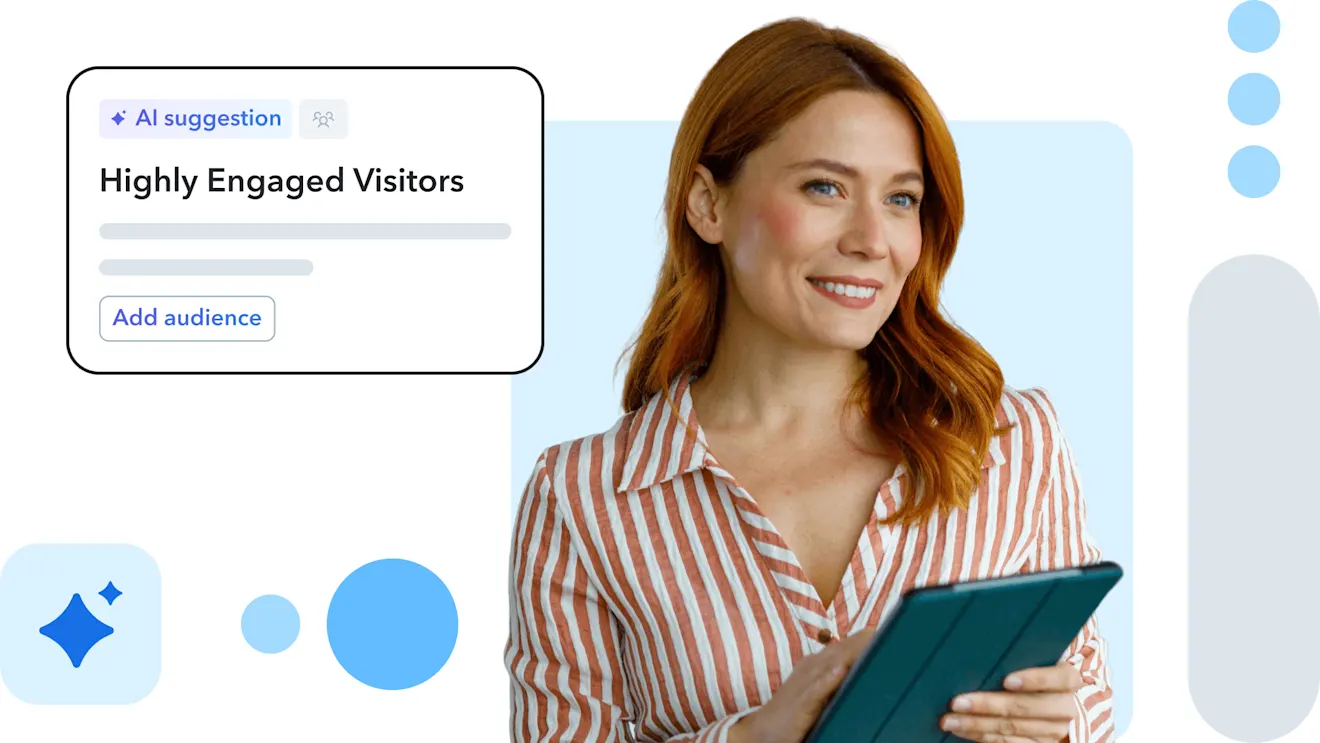 A smiling woman with long red hair holding a tablet, beside UI cards reading "Highly Engaged Visitors" and "Luxury Appeal Enhancement" with an "Add experiment" button.