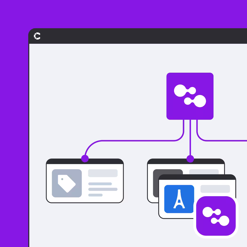 Purple personalization graphic with Contentful logo, CMS cards, and localized content blocks on purple background.