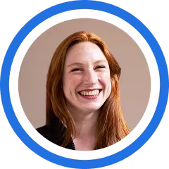 A series of circular portraits showing a woman with red hair smiling and expressing different emotions, arranged horizontally.