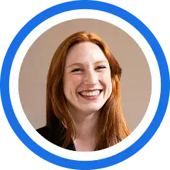 A series of circular portraits showing a woman with red hair smiling and expressing different emotions, arranged horizontally.