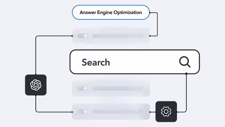 Diagram showing Answer Engine Optimization with a search bar, connected to AI and settings icons via flow lines.