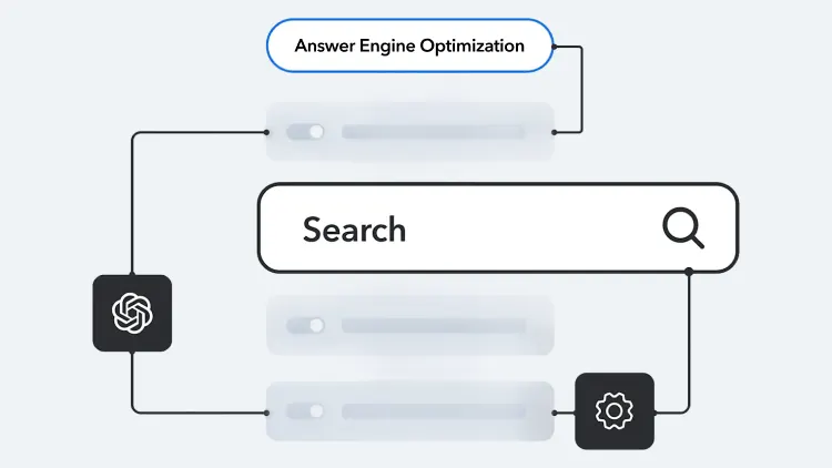 Diagram showing Answer Engine Optimization with a search bar, connected to AI and settings icons via flow lines.