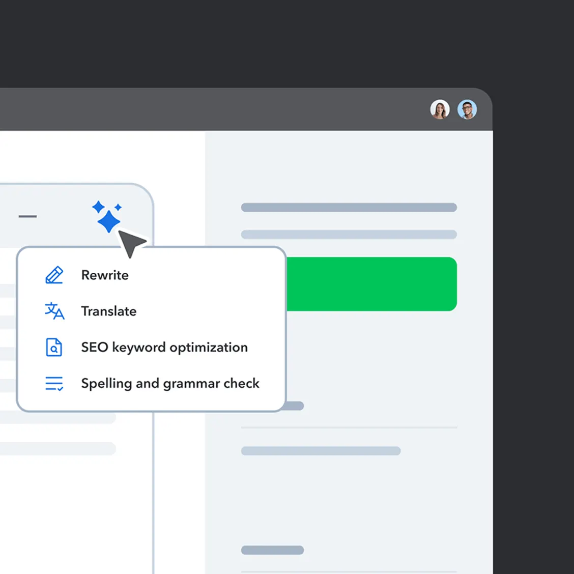 A CMS interface showing an AI dropdown menu with options: Rewrite, Translate, SEO keyword optimization, and Spelling and grammar check.