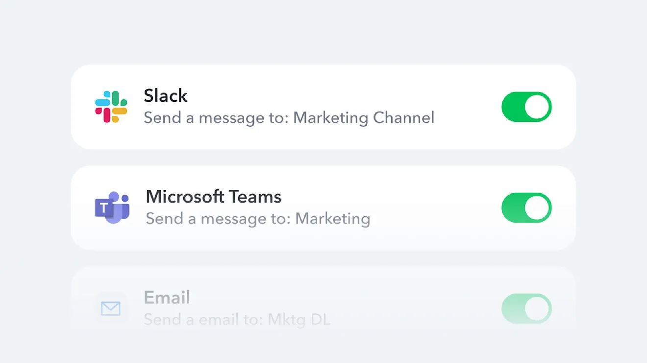 Communication options showing Slack, Microsoft Teams, and Email messaging channels with green status indicators