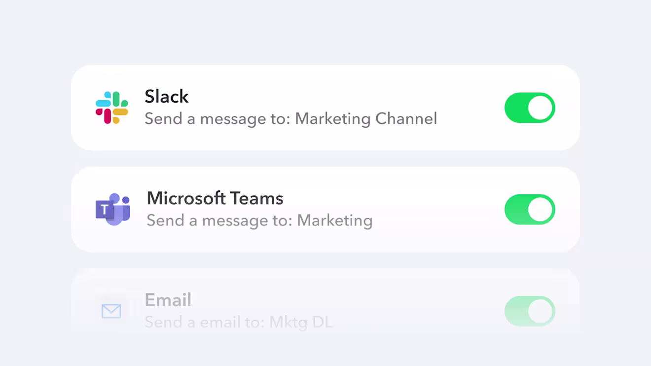 Communication options showing Slack, Microsoft Teams, and Email messaging channels with green status indicators