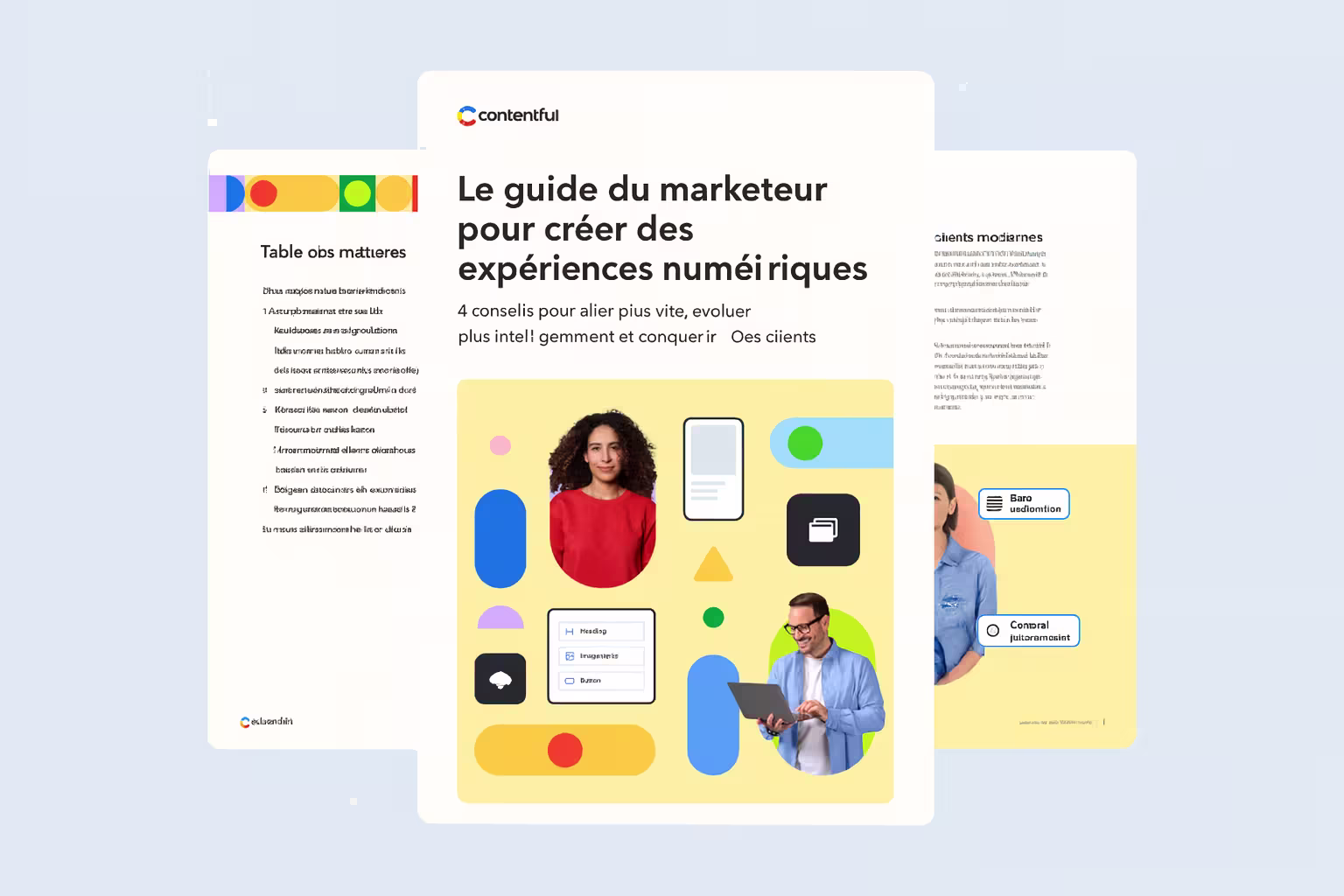 Page de couverture du guide marketing avec des formes géométriques colorées, une table des matières et des éléments d’interface montrant des outils de création de contenu numérique.