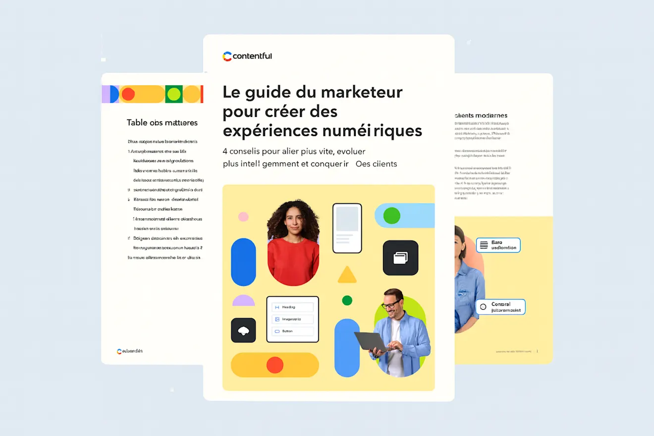 Page de couverture du guide marketing avec des formes géométriques colorées, une table des matières et des éléments d’interface montrant des outils de création de contenu numérique.