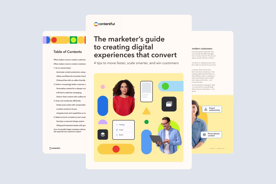Marketing guide cover page with colorful geometric shapes, table of contents, and interface elements showing digital content creation tools