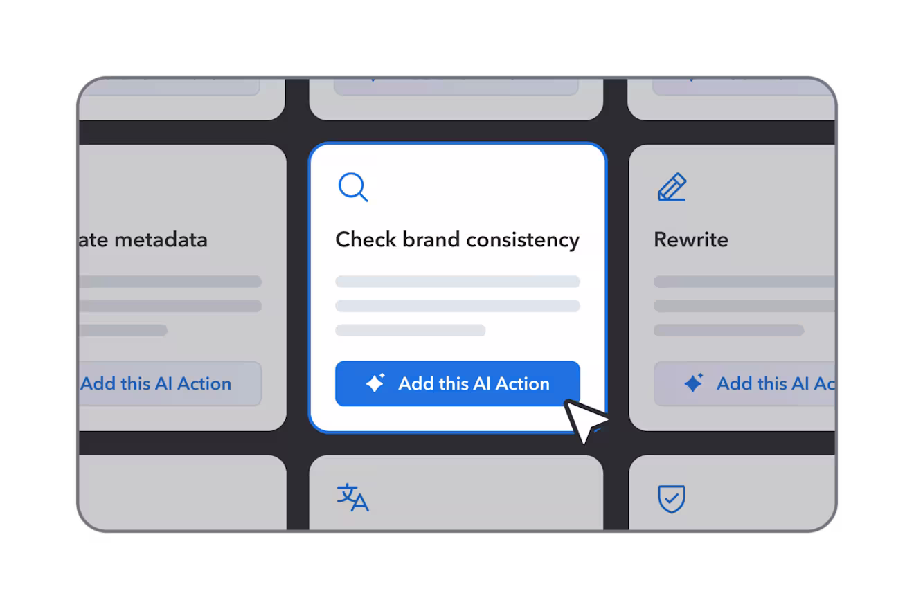 Interface showing three AI action cards with "Add this AI Action" buttons, featuring metadata, brand consistency, and rewrite options