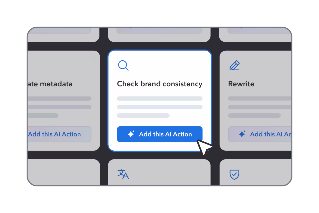 Interface showing three AI action cards with "Add this AI Action" buttons, featuring metadata, brand consistency, and rewrite options