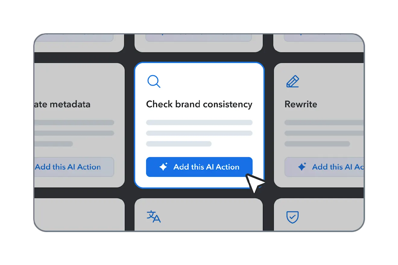 Interface showing three AI action cards with "Add this AI Action" buttons, featuring metadata, brand consistency, and rewrite options