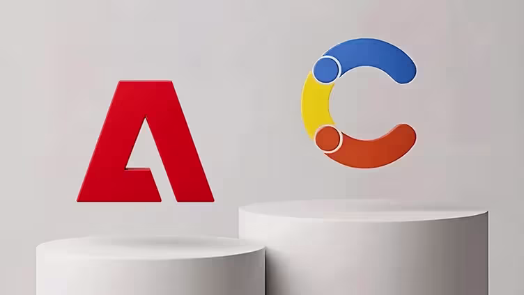 Adobe's red logo and a colorful C-shaped logo in blue, yellow, and orange displayed above two white pedestals.