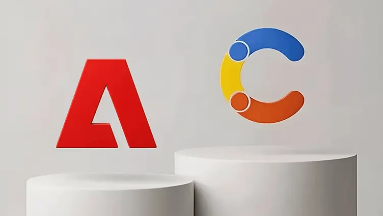Adobe's red logo and a colorful C-shaped logo in blue, yellow, and orange displayed above two white pedestals.