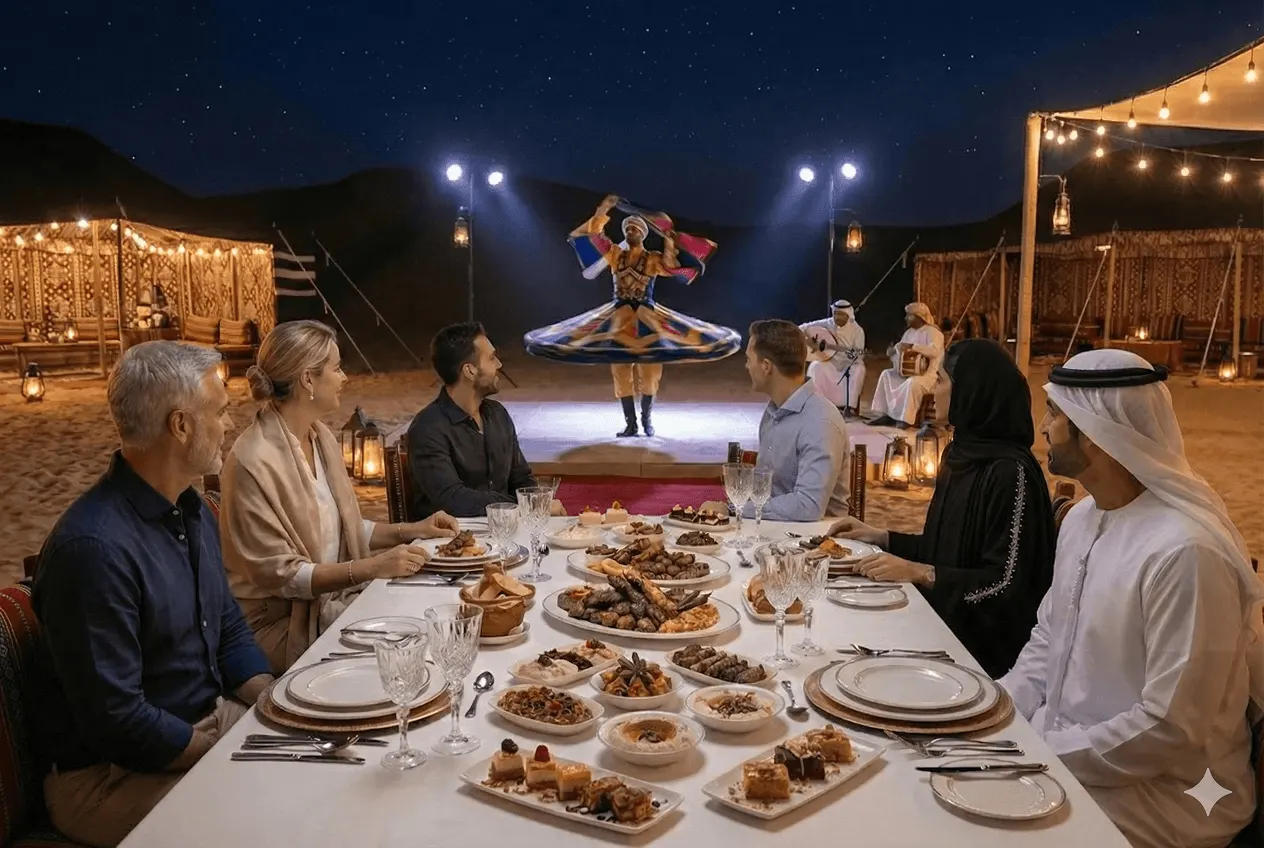 Guests enjoy traditional Middle Eastern dinner in desert camp while watching a Tanoura dancer perform under starlit sky
