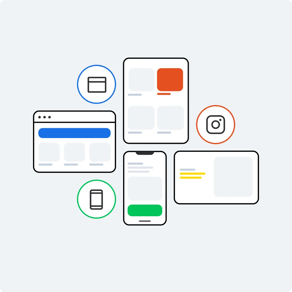 Illustration of various digital interfaces including browser window, mobile phone, tablet, and social media icons in blue, green and orange