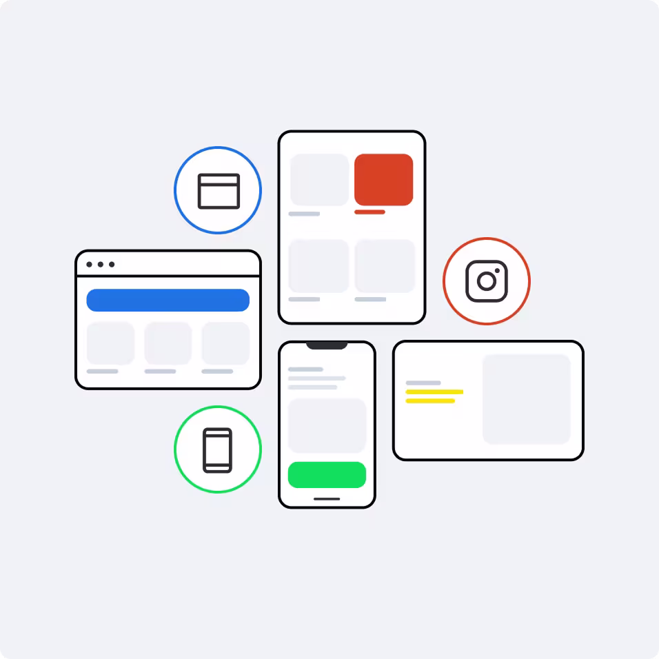 Illustration of various digital interfaces including browser window, mobile phone, tablet, and social media icons in blue, green and orange