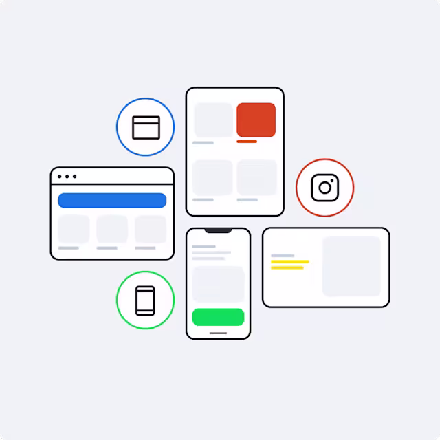 Illustration of various digital interfaces including browser window, mobile phone, tablet, and social media icons in blue, green and orange