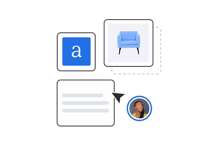 Illustration showing content elements: a blue letter 'a', furniture icon, and text block with profile avatar on black background