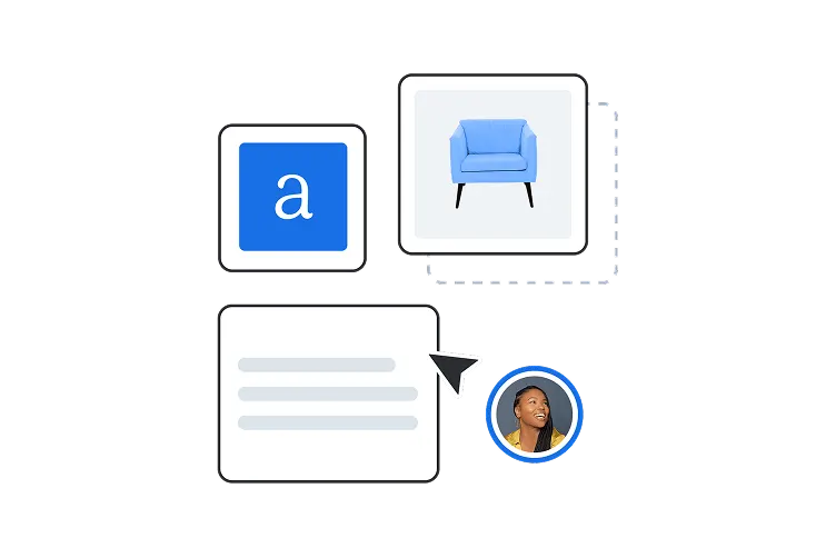 Illustration showing content elements: a blue letter 'a', furniture icon, and text block with profile avatar on black background
