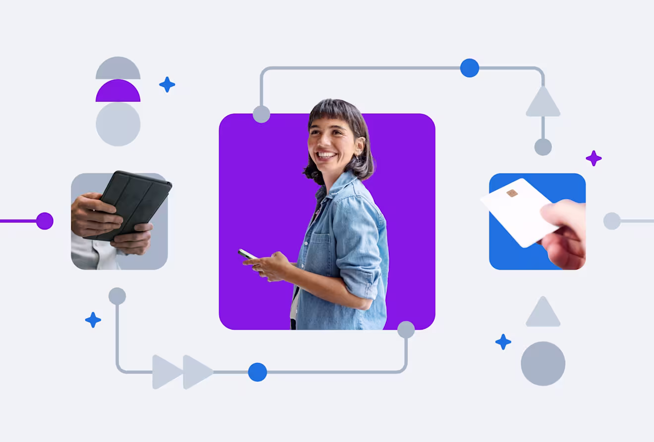 Digital payment illustration showing mobile device user, tablet holder, and credit card against purple and blue geometric background