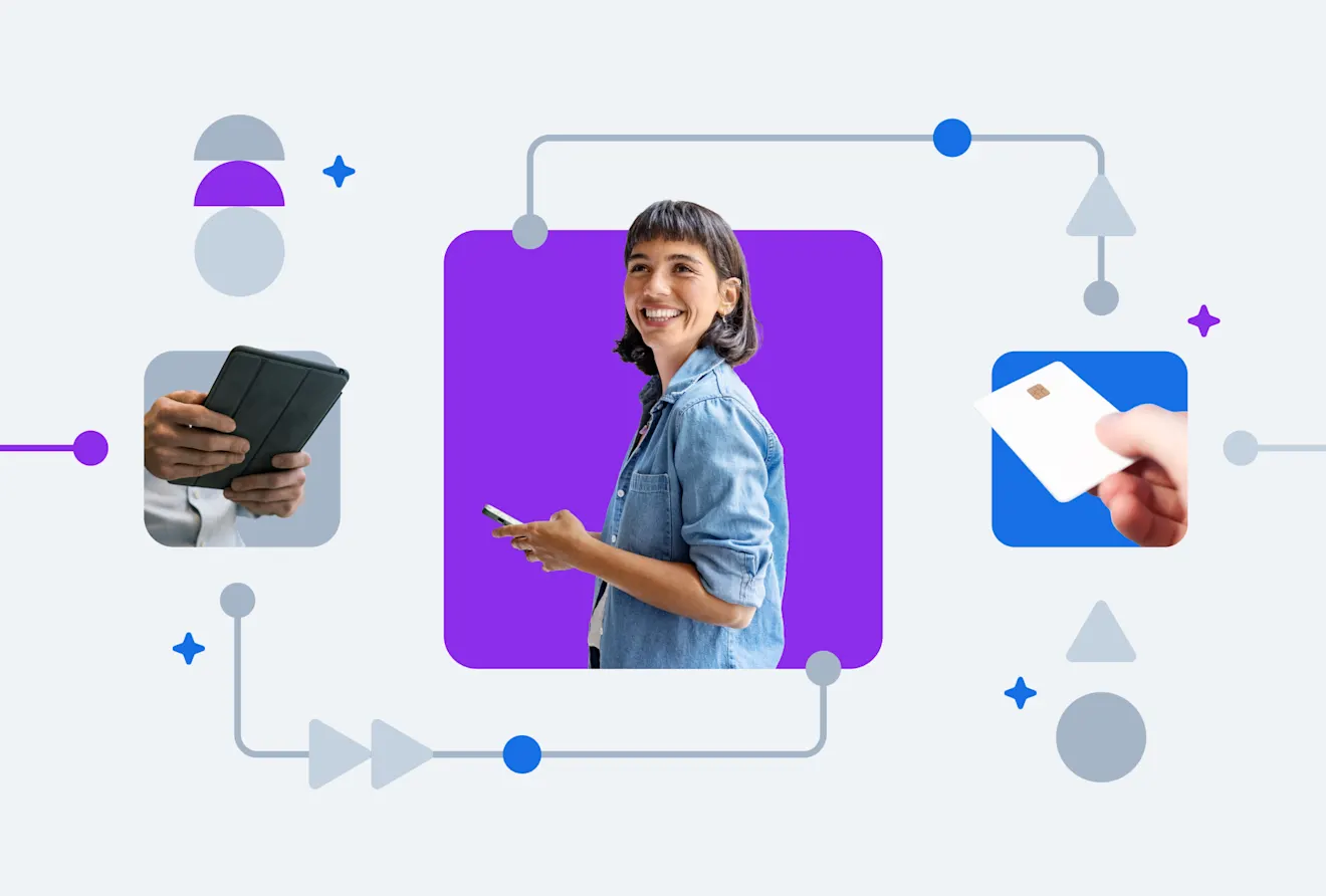 Digital payment illustration showing mobile device user, tablet holder, and credit card against purple and blue geometric background