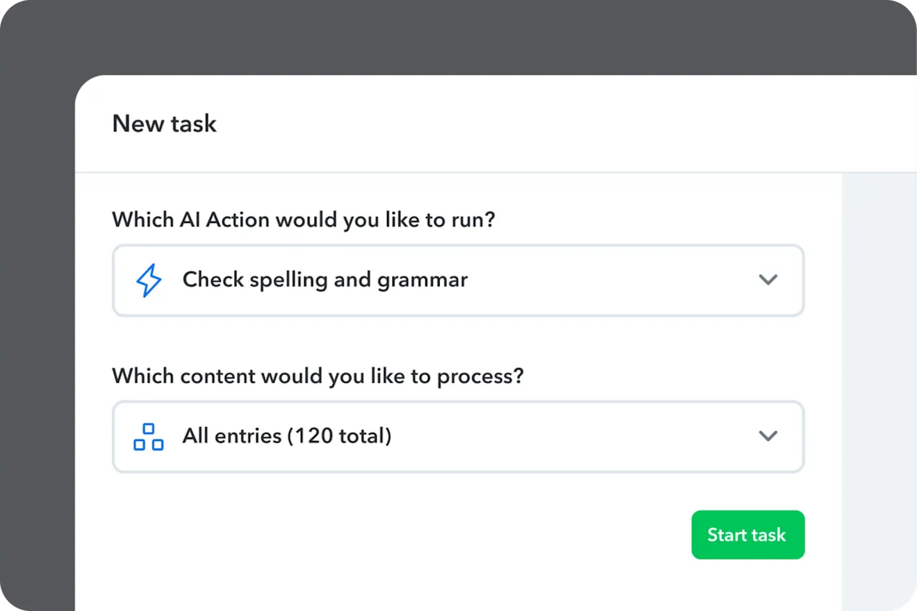 New task dialog choosing the Check spelling and grammar AI Action to run across all 120 entries, with a green Start task button.