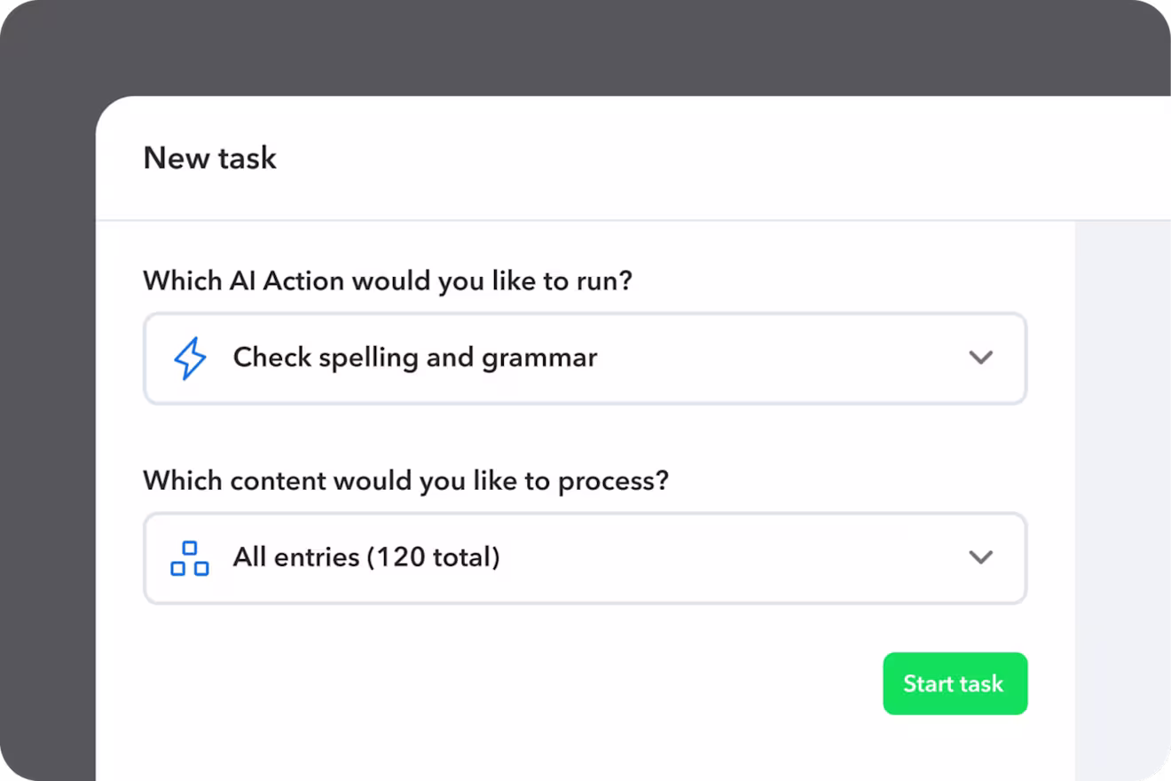 New task dialog choosing the Check spelling and grammar AI Action to run across all 120 entries, with a green Start task button.