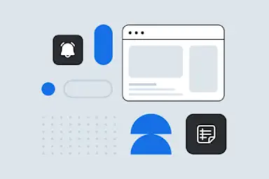 Minimalist illustration showing notification and checklist icons with blue user silhouettes against a light background