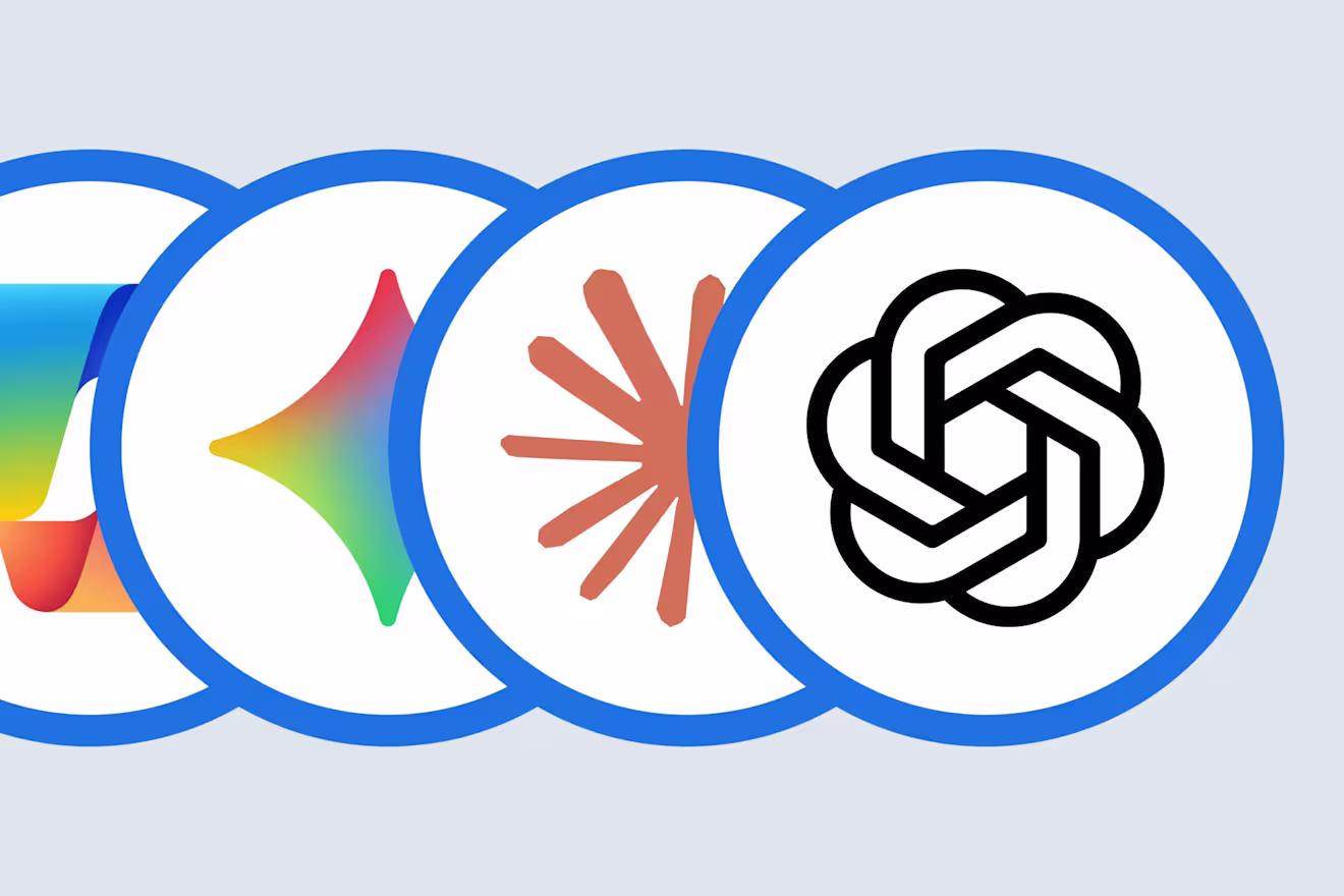 Four white circles with blue outlines, each containing an AI provider logo: a partially visible multicolor icon, a rainbow-gradient sparkle/diamond shape, an orange starburst icon, and the black OpenAI knot logo, set against a light grey background.