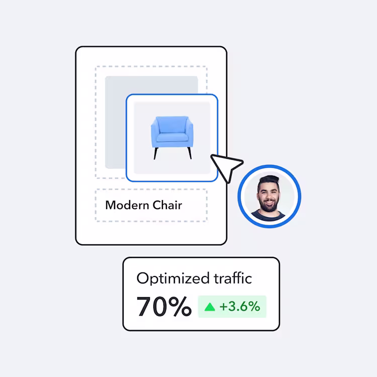 Product card showing blue modern armchair with 70% optimized traffic metric and 3.6% positive growth indicator